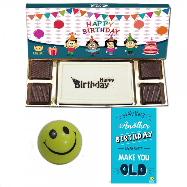 Bogatchi Happy Birthday  White Chocolate Bar 110gm, With Free Smiley Balls